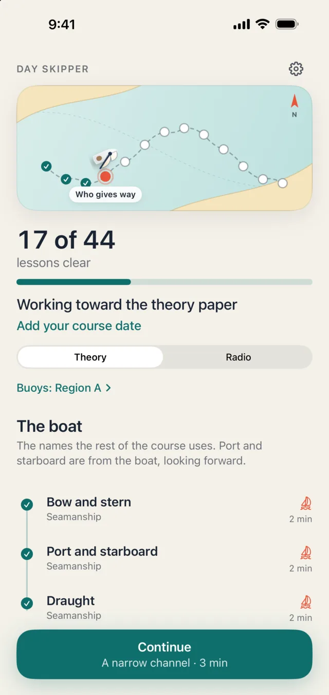 Skipper home screen with the passage chart and the next lesson