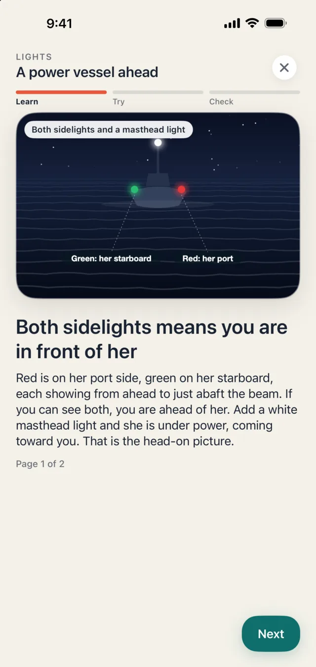 A lesson on a power vessel's lights at night in Skipper